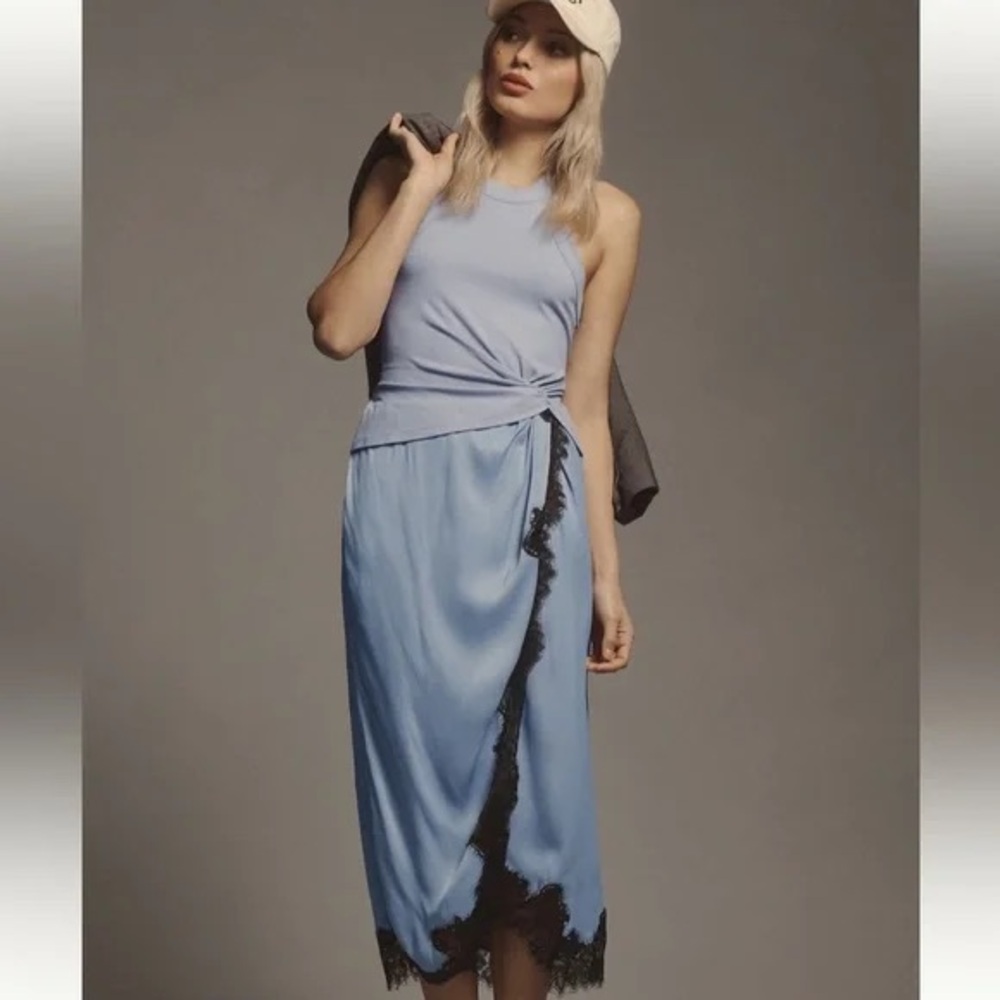 Anthropologie The Keeley Twofer Midi Dress NWT Size M Blue Satin Asymmetrical
